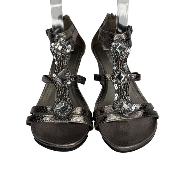 Y2K Kenneth Cole Reaction Bronze Faux Snake Skin Wedge Sequence Sandals Size 7.5 - Picture 7 of 12